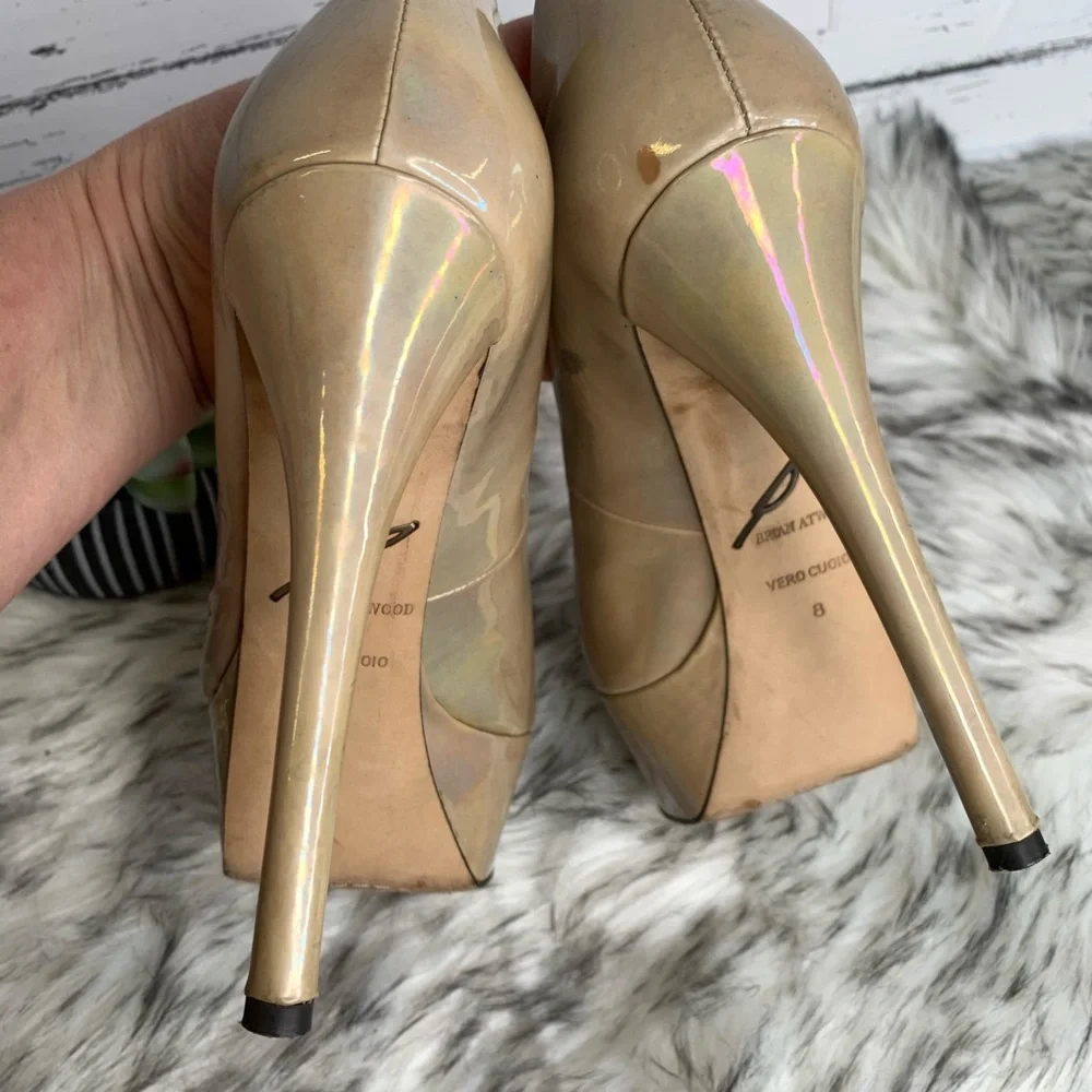 BRIAN ATWOOD Nude Designer Patent Leather Open Toe Platform Heels *AS IS*, 8